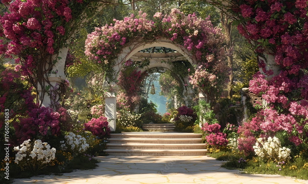 Fototapeta premium Enchanted garden archway covered in blooming pink flowers and greenery
