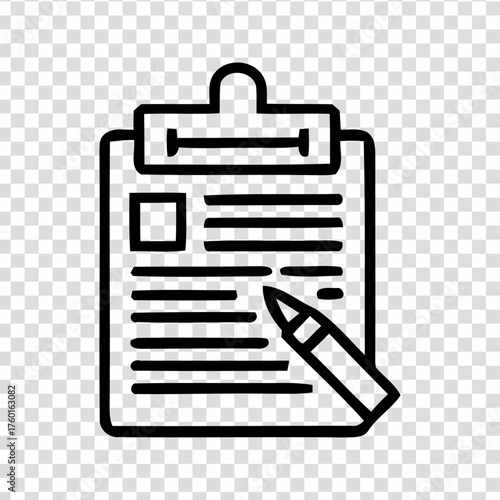 Black line art icon of a clipboard with document and pencil indicating note taking writing and organization planning smart agent ai Paper List Task Check