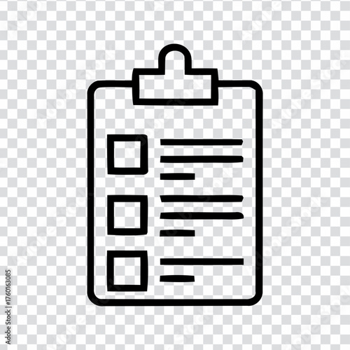 Black line drawing of a checklist with three checkboxes and horizontal lines on a transparent background planning smart agent ai icon checkmark document