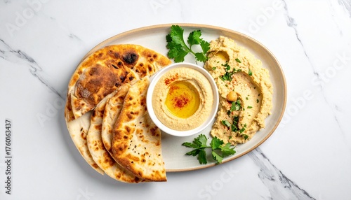 A delicious serving of creamy hummus with warm pita bread and fresh parsley garnish.