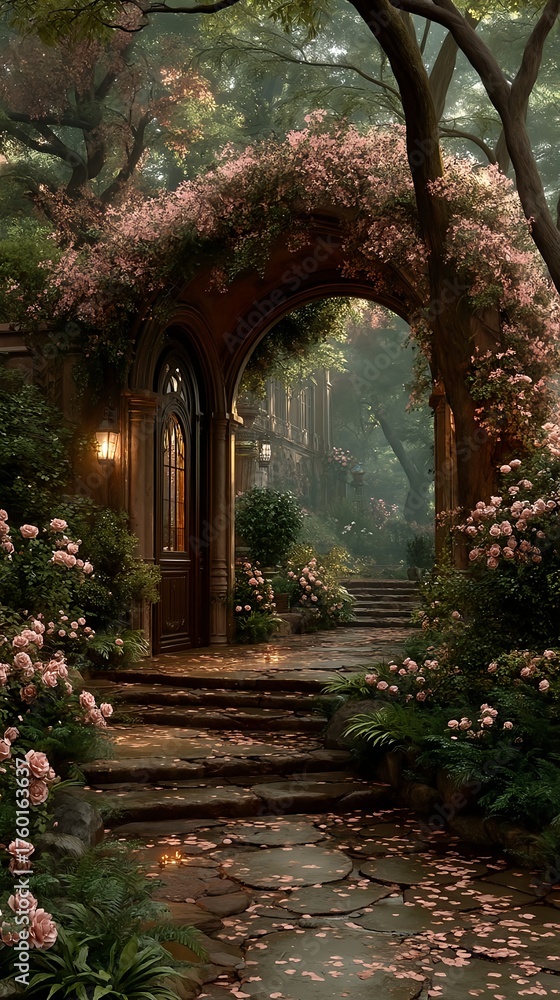Fototapeta premium Enchanted garden archway with blooming pink flowers for phone wallpaper