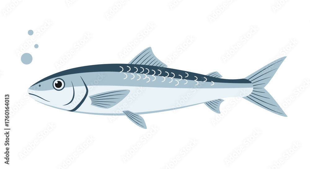 Fototapeta premium A detailed illustration of a healthy silver mackerel fish swimming in clear blue water with bubbles rising.