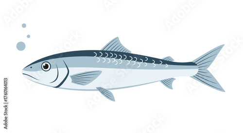 A detailed illustration of a healthy silver mackerel fish swimming in clear blue water with bubbles rising.