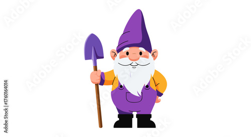 A cheerful garden gnome wearing purple overalls and a pointy hat holding a shovel.