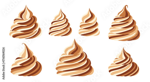 A collection of seven swirled soft serve ice cream cones with alternating colors.