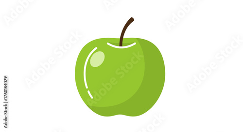 A vibrant green apple with a thin brown stem and a glistening surface showcasing healthy fruit ready for consumption.