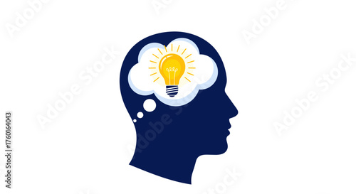A silhouette of a human head with a light bulb representing an idea inside a thought bubble.