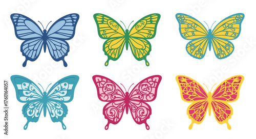 A vibrant collection of six intricately designed butterflies in various colorful hues.