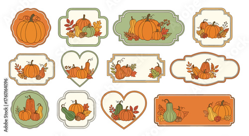 Autumn harvest pumpkin and gourd decorative labels for seasonal crafting and journaling projects.