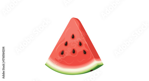 A refreshing slice of juicy watermelon with black seeds and green rind against a white background.