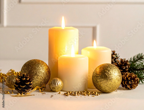 Tres velas blancas con bolas navideñas doradas