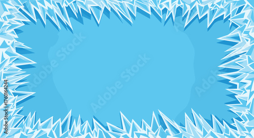 A beautiful frosty border design with sharp ice crystals on a cool blue background.