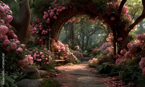 Fototapeta Naklejka Na Ścianę i Meble -  Peaceful garden entrance draped in pink roses and ivy leading toward a sunlit hidden courtyard