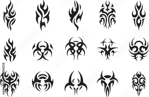 Bold tribal flame and biohazard tattoo designs