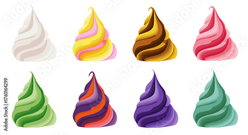 A selection of colorful swirled soft serve ice cream cones without brands.