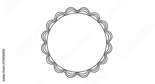 A simple black and white drawing of a circular frame with scalloped edges.