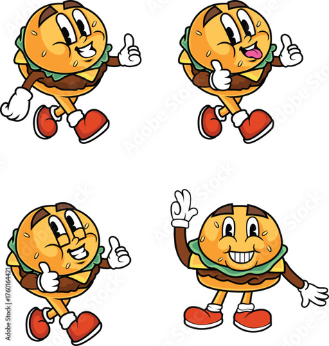 Four cartoon illustrations of a happy hamburger character in different poses, giving thumbs up and making gestures.