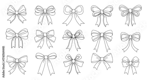 A charming collection of hand-drawn decorative bows suitable for gift wrapping and crafting projects.