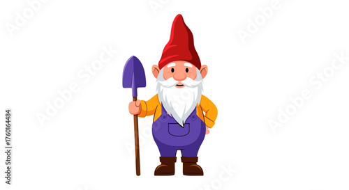 A cheerful garden gnome holding a purple shovel ready for planting.