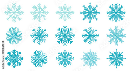 A beautiful collection of diverse shimmering snowflakes in shades of light blue and turquoise representing winter's delicate artistry.