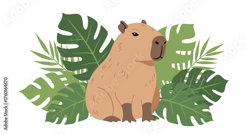 A cute capybara sits peacefully among lush green tropical leaves in a vibrant illustration.