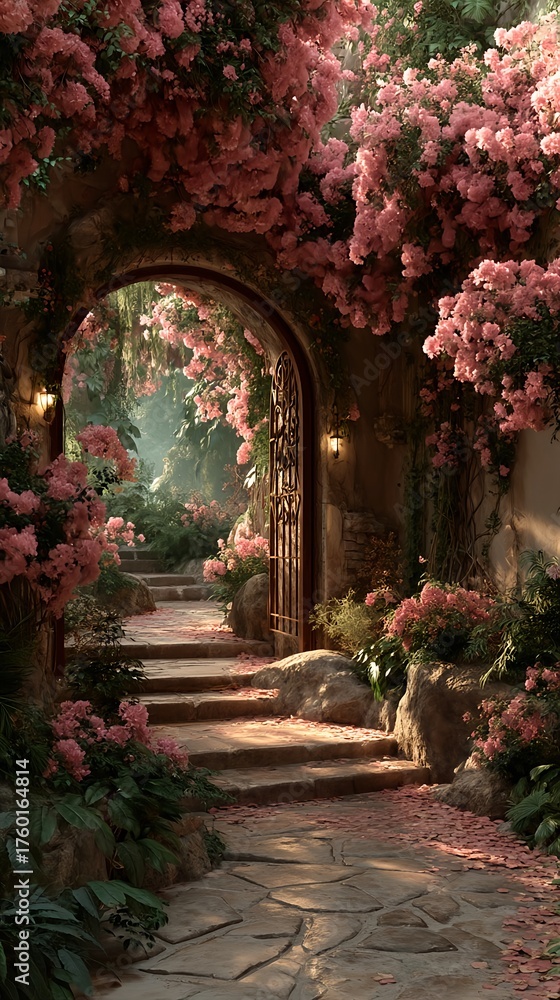 Fototapeta premium Enchanted garden archway with blooming pink flowers for phone wallpaper