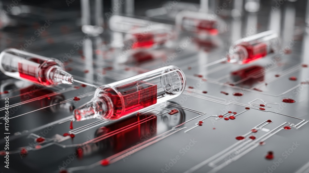 Naklejka premium Red liquid in glass vials sits on a reflective circuit board, merging technology and science for a striking visual effect.