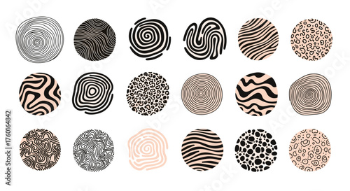 A collection of diverse abstract circular patterns with organic and animalistic textures.