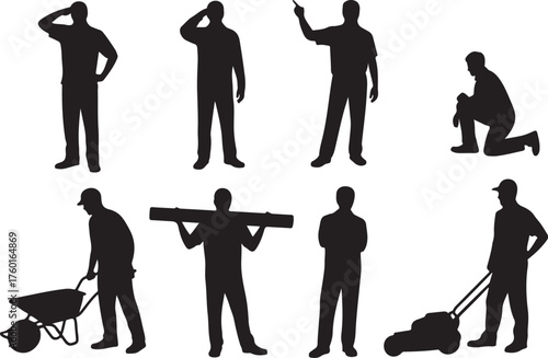 Workers performing various tasks, construction, labor, and yard work
