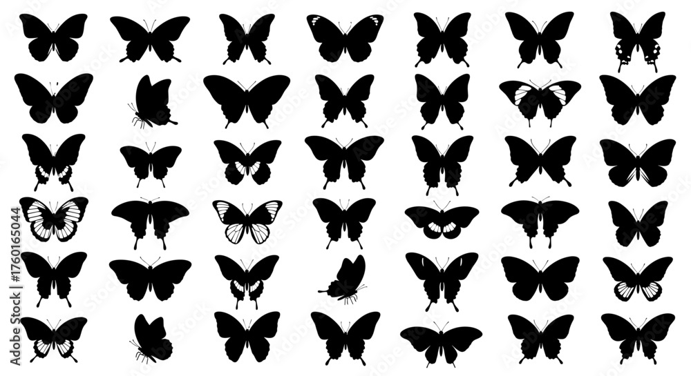 Fototapeta premium A captivating collection of butterfly silhouettes showcasing diverse wing shapes and flight patterns in a monochrome display.