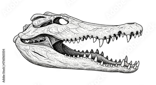 Detailed Crocodile Skull Illustration - Vintage Scientific Pen & Ink Drawing