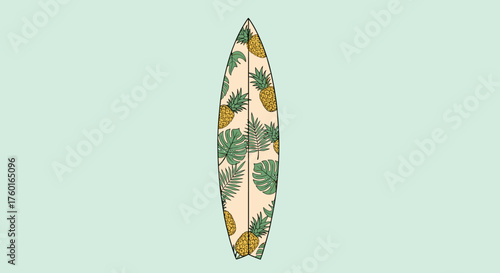 A surfboard with a vibrant pineapple and tropical leaf pattern design on a light background.