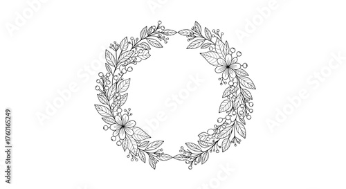 A delicate circular floral wreath with small blossoms and leaves forming a natural decorative element.