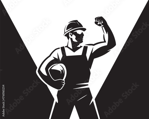 Strong worker flexing muscle, industrial power and pride