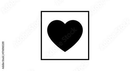 A simple black heart inside a square border indicating love and affection in a minimalist graphic design.