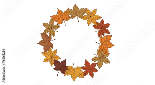 Autumn leaves wreath with vibrant colors arranged in a circle frame for seasonal decoration.
