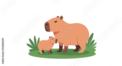 A gentle mother capybara stands protectively over her small calf surrounded by lush green grass on a white background.