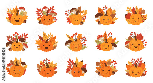 Collection of adorable cartoon pumpkins decorated with autumn leaves and mushrooms for festive fall designs.