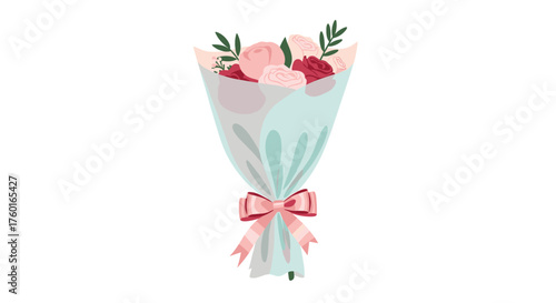 A beautiful bouquet of pink and red flowers tied with a pink ribbon is wrapped in light blue paper.