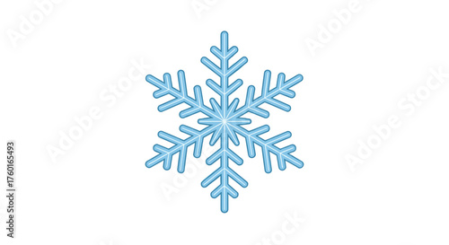 A beautiful light blue snowflake with six points shines brightly on a plain white background, symbolizing winter and the cold.