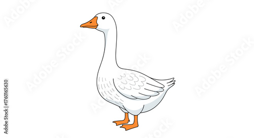 A clean white goose stands calmly on a white background facing left with its beak slightly open.