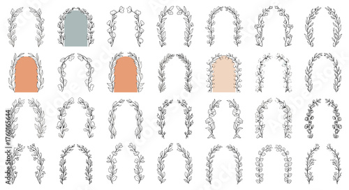 A collection of decorative wedding arches adorned with floral and leafy embellishments perfect for ceremonies and events.