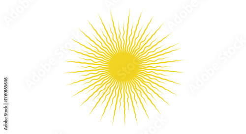 Radiant yellow sun with wavy rays glowing brightly against a stark white background illuminating the surroundings with its warmth.