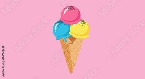 A delicious triple scoop ice cream cone with pink blue and yellow flavors sits on a pastel pink background.