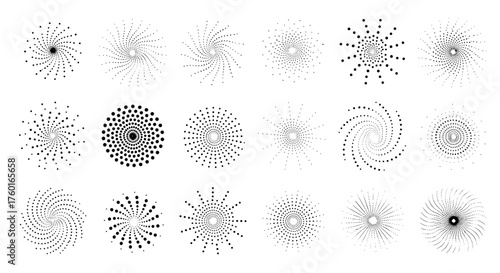 A diverse collection of abstract dotted patterns creating explosions and bursts of light and energy.