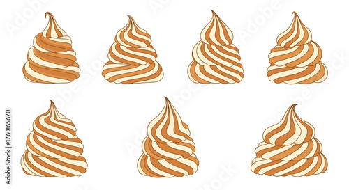 Eight swirled soft serve ice cream cones with caramel and vanilla flavors.