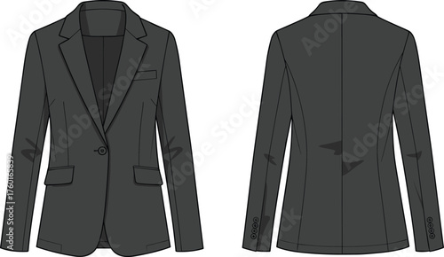 Black tailored blazer front and back view fashion vector illustration with single button closure, notched lapels, flap pockets, fitted silhouette