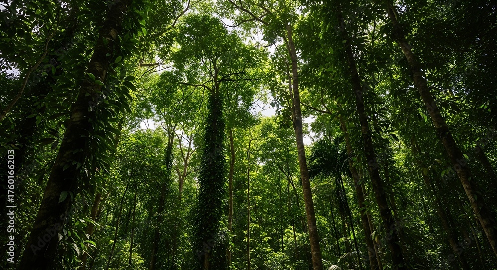 Obraz premium Looking up through the dense canopy of a lush tropical forest