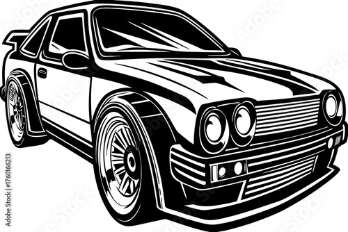 Sleek Silhouette: A monochrome rendering of a classic sports car, capturing its dynamic lines and powerful presence.