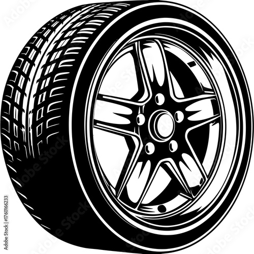 Rolling Forward: An illustrative view of a solitary car tire and alloy rim, representing transport, speed, and automotive innovation.